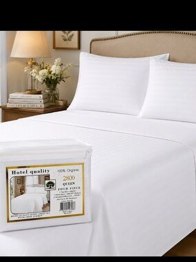 Hotel Quality Organic Cotton, Deep Pocket Queen White Sheet Set - 4 Piece